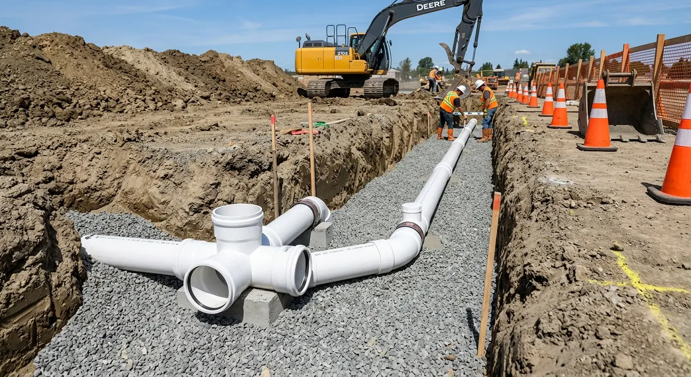 New PVC sewer pipe installation in open trench for Sewer Backup in Plymouth